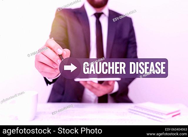 Text sign showing Gaucher Disease, Business concept autosomal recessive inherited disorder of metabolism Presenting Communication Technology Smartphone Voice...