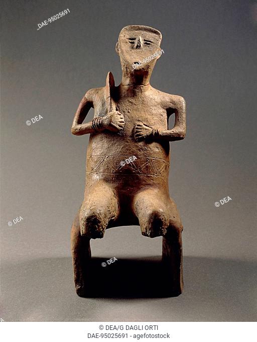 Prehistory, Hungary, Neolithic. Tisza culture. Terracotta statuette of idol with sickle, 5th millennium b.C. From Szegvar-Tuzkoves