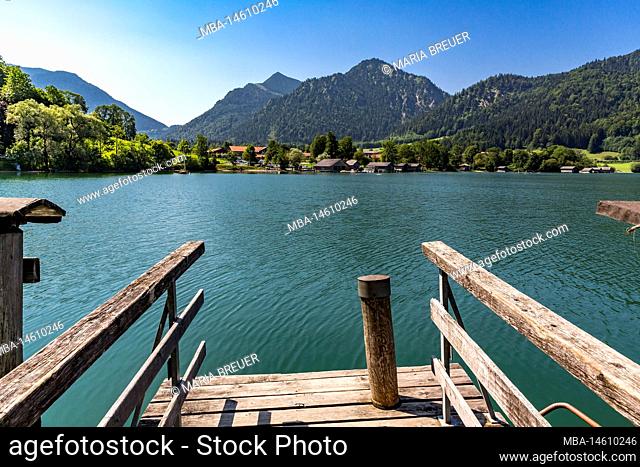 Boat landing place, Schliersee, behind the mountains Brecherspitz, 1683 m, Westerberg, 1333 m, Bavarian Alps, Upper Bavaria, Bavaria, Germany, Europe