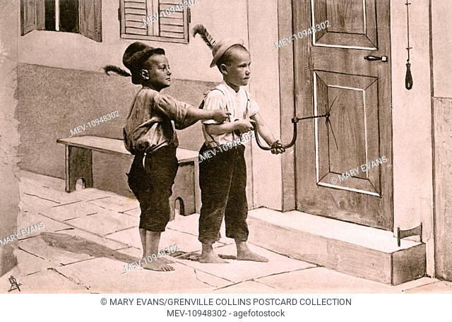 Two little boys from Northern Italy up to no good, Here they are taking a drill to the door of a less-favoured relative (possibly a Battleaxe Aunt)