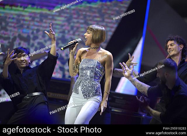 The Italian singer Alessandra Amoroso during the recording of the TIM Summer Hits musical event conducted by Andrea Delogu and Stefano De Martino