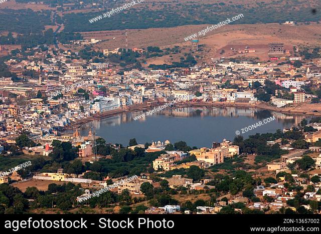 PUSHKAR, INDIA - NOVEMBER 20, 2012: Holy city Pushkar top view. Pushkar, Rajasthan, India
