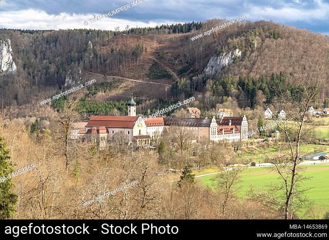 Europe, Germany, Southern Germany, Baden-Württemberg, Danube Valley, Sigmaringen, Beuron, view of Beuron Monastery in the picturesque landscape of the Danube...
