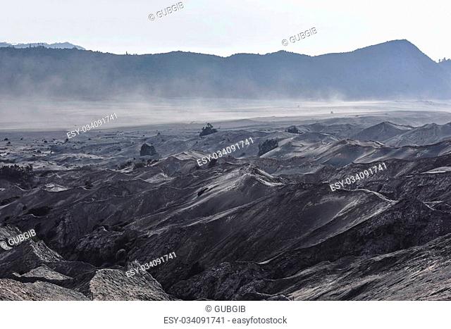 Layer Volcanic ash as sand ground of Mount Bromo volcano the magnificent view of Mt. Bromo located in Bromo Tengger Semeru National Park, East Java, Indonesia