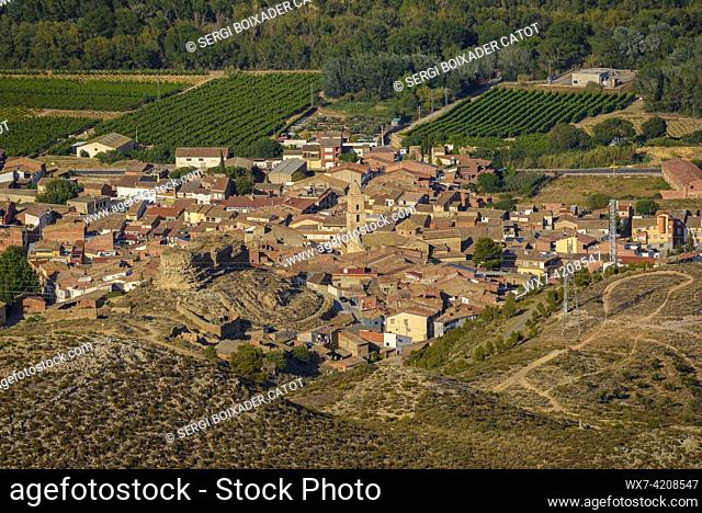 View of the town of Torrente de Cinca and its agricultural surroundings seen from the viewpoint of the hermitage monastery of San Salvador (Bajo Cinca, Huesca