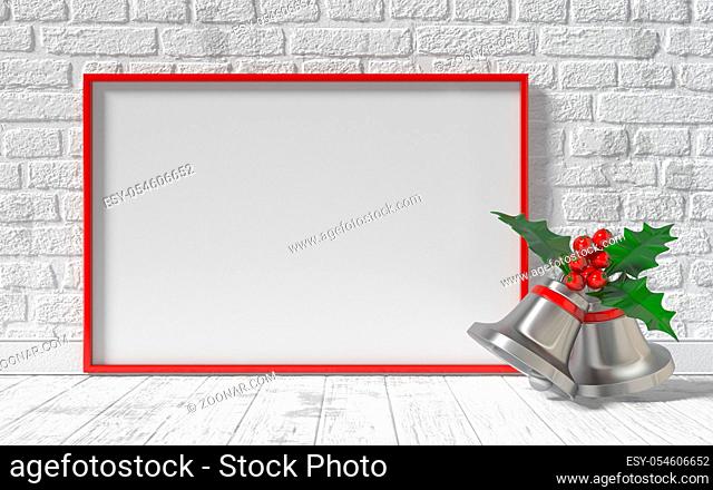 Mock-up red canvas frame, Christmas bells and brick wall. 3D rendering illustration