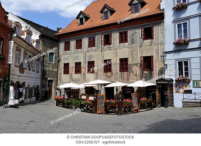 terrace of the Jakub restaurant located in the historic Krcin Building from 14th century, Kajovska street, Cesky Krumlov, South Bohemia, Czech Republic, Europe