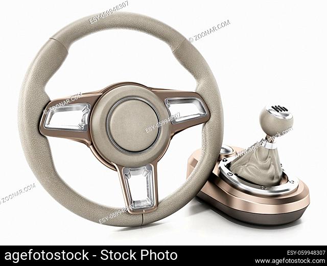 Generic steering wheel and gearbox isolated on white background. 3D illustration