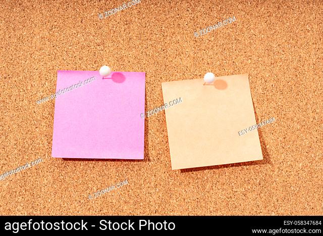 Two Blank note on a cork board for adding text and push pin. Mock up