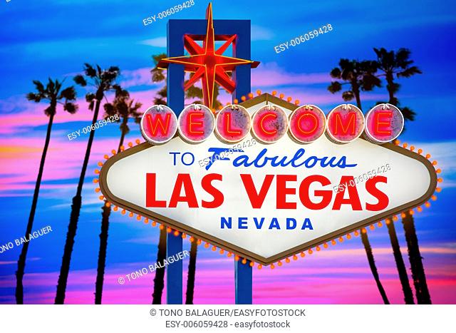 Welcome to Fabulous Las Vegas sign sunset with palm trees Nevada photo mount