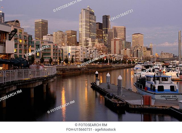 Seattle, WA, Washington, Puget Sound, Elliot Bay, Bell Street, Harbor, Marina, evening