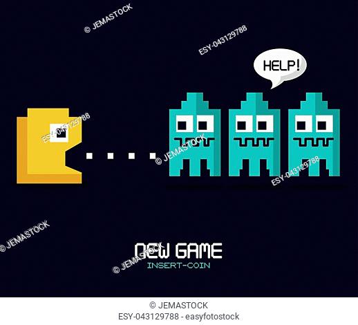 colorful poster of new game insert coin with graphics of pacman game vector illustration