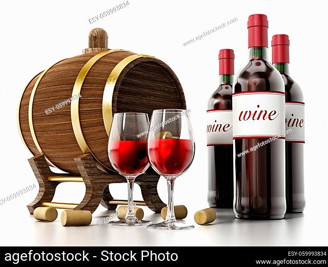 Wine bottles, corks, glasses and barrel isolated on white background. 3D illustration