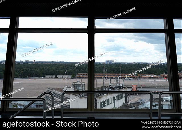 PRODUCTION - 12 July 2023, Berlin: View from the tower of the former Berlin-Tegel Airport to the terminal buildings. The 500-hectare site is to be home to a...