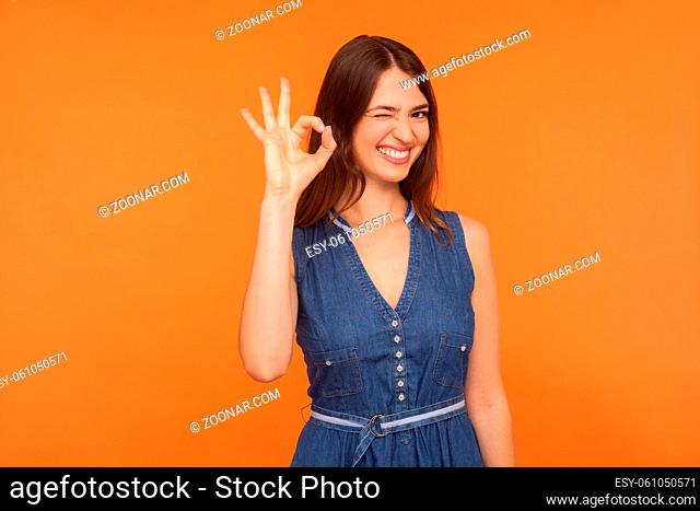 Okay, sure. Delighted happy brunette woman in denim dress smiling broadly, winking and showing ok gesture, approval sign, agreeing with suggestion