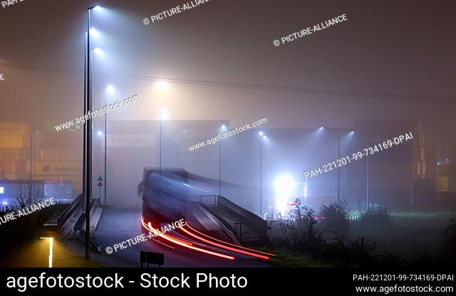 01 December 2022, Saxony, Leipzig: A truck drives over the area of the Leipzig-Wahren transhipment station in the early morning