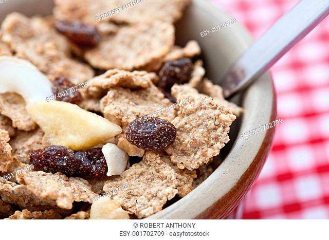Healthy breakfast of bran flakes with raisins