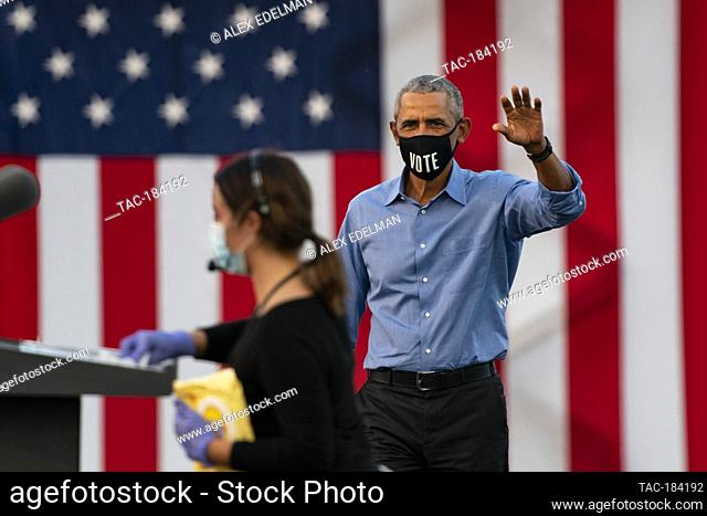 Former US President Barack Obama addresses Biden-Harris supporters during a drive-in rally in Philadelphia, Pennsylvania on October 21, 2020
