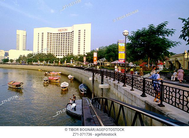 Riverfront, Hilton, boats. Kuching. Sarawak. Borneo. Malaysia