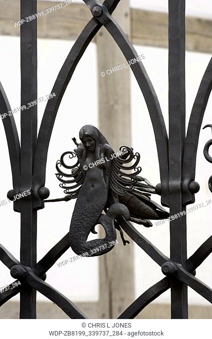 Detail of entrance gate, The Globe Theatre, Bankside, London, England, United Kingdom, Europe
