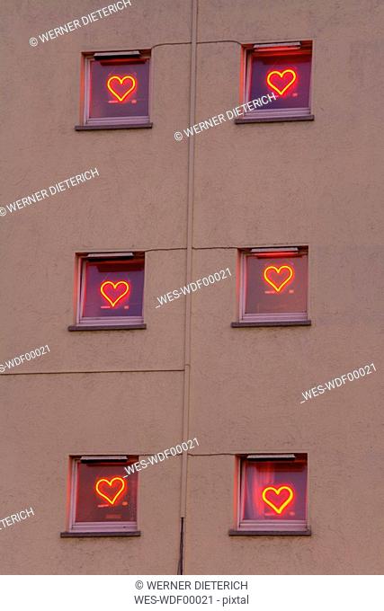 Germany, Frankfurt on the Main, Eros Center, windows, heartshaped neon lights
