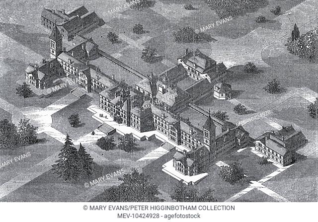 An aerial view of the Carmarthen Lunatic Asylum erected near Carmarthen, South Wales, in 1865 and designed by David Brandon