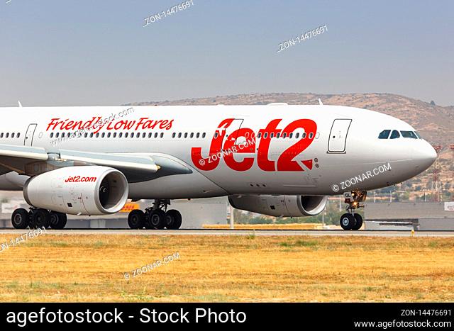 Alicante, Spain ? July 6, 2019: Jet2 Airbus A330 airplane at Alicante airport (ALC) in Spain