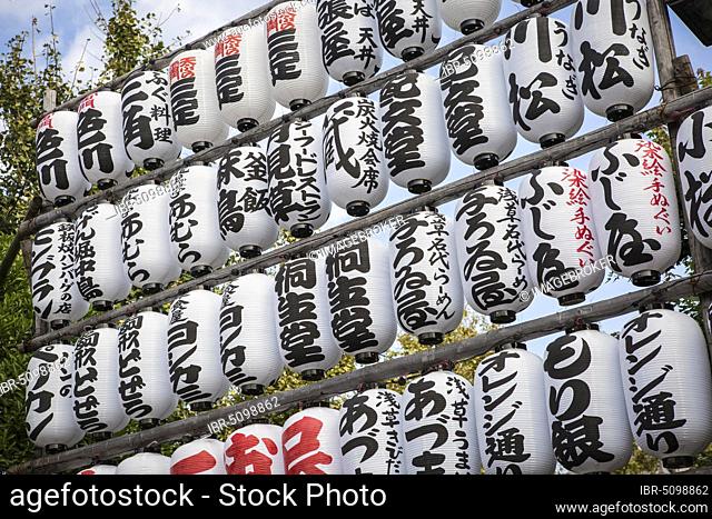 Traditional white paper lanterns with characters near the Buddhist Senso-ji temple, Asakusa, Tokyo, Japan, Asia