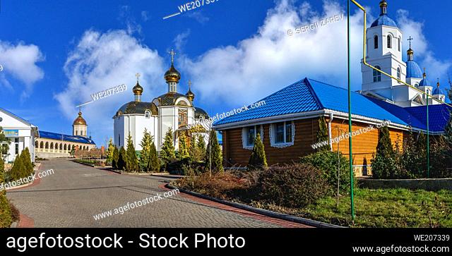 Marinovka village, Ukraine. Holy Protection Skete of the Holy Dormition Odessa Monastery of the Odessa Diocese of the Ukrainian Orthodox Church on a sunny...