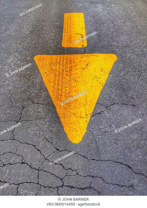 Yellow arrow painted on asphalt with a tire track running through it