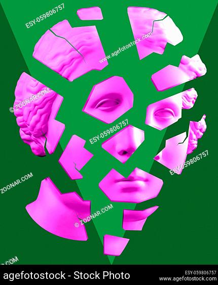 Modern conceptual art poster with pink colorful broken ancient statue of Venus de Milo head on a green background. Contemporary art collage