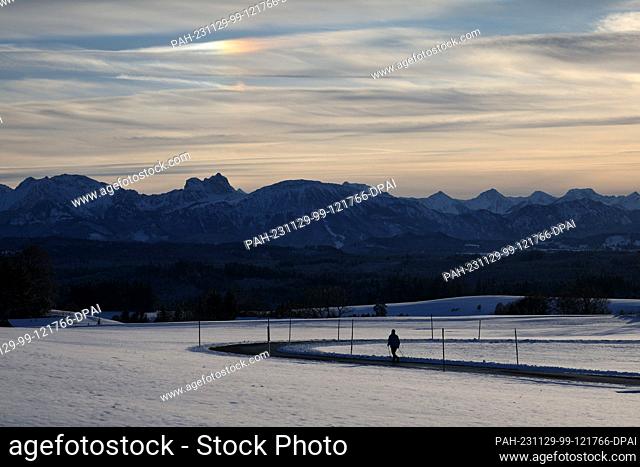 29 November 2023, Bavaria, Marktoberdorf: A woman is walking with walking poles in the sunshine in front of the panorama of the Alps in the snowy landscape