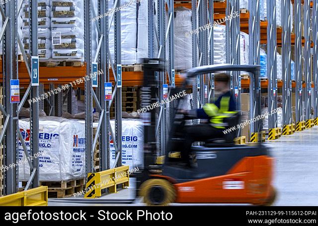 PRODUCTION - 21 November 2023, Mecklenburg-Western Pomerania, Rostock: Forklift trucks transport pallets with stored goods to the storage locations in the new...