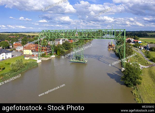 Aerial view with the transporter bridge Osten-Hemmoor over river Oste, Osten, Lower Saxony, Germany, Europe
