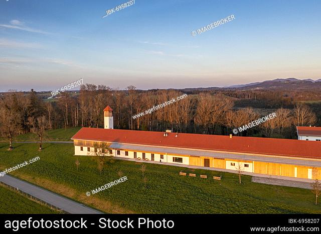 Art and Nature Foundation, Long House, Nantesbuch, Bad Heilbrunn, drone image, Upper Bavaria, Bavaria, Germany, Europe