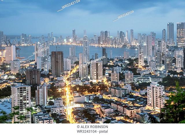 Skyline of downtown Cartagena city showing modern apartment blocks in the Bocagrande neighbourhood, Cartagena, Colombia, South America