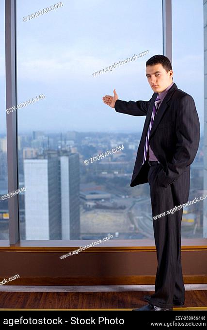 Businessman Standing and Looking at the Camera. There's Big Window With Big City View Behind Him