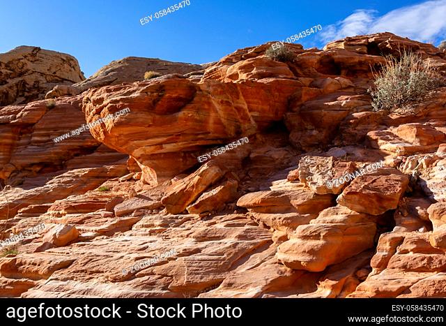 Beautiful rock formations in the Nevada desert against a blue sky