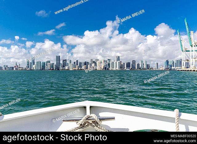 USA, Florida, skyline of Downtown Miami seen from boat on the water