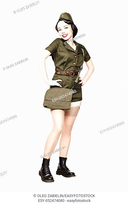 Portrait of Beautiful Brunette with black hair. Pin up Female Dressed in military clothing Uniform and Garrison cap. Smiling Army Pin-up Girl Concept