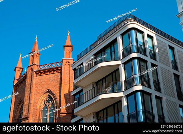old church and modern builing facade, Berlin Mitte -