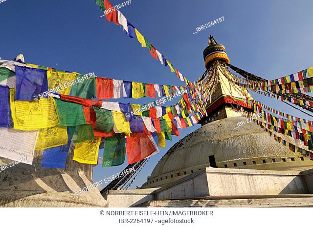 Prayer flags at Boudhanath Stupa, Kathmandu, Kathmandu Valley, UNESCO World Heritage Site, Nepal, Asia