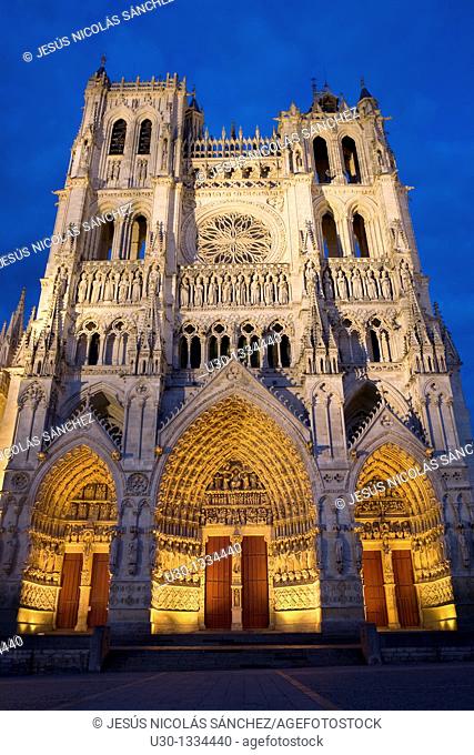 Night view  Cathedral of Notre Dame, from XIII Century, in Amiens listed as World Heritage by UNESCO  It's the Highest ghotic cathedral of France