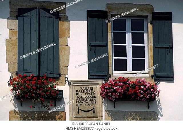France, Pyrenees Atlantiques, Sare, detail of a window and a shutter of a Basque house