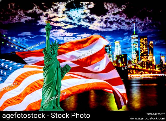Night, New York City Brooklyn Bridge and The Statue of Liberty