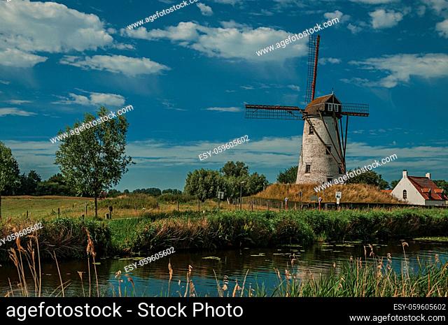 Old windmill next to canal with bushes and grove in the background in the late afternoon light and blue sky, near Damme. A quiet and charming countryside old...