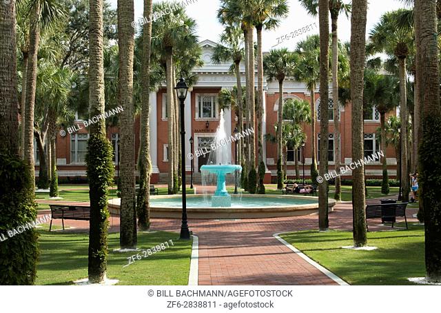 Deland Florida Stetson University fountain and Palm Court with palm trees peaceful in small town education,