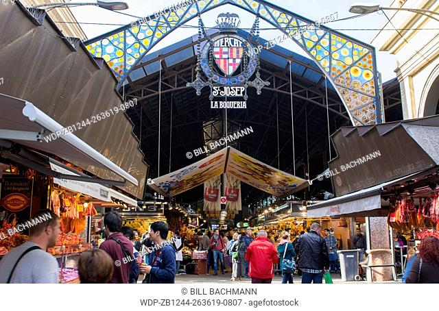 Barcelona Spain market called St Joseph Market or La Boqueria front entrance sign