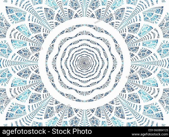 Abstract white and blue esoteric background - mandala or flower. Fractal - computer-generated image. Digital art: concentric circles and intricate petals