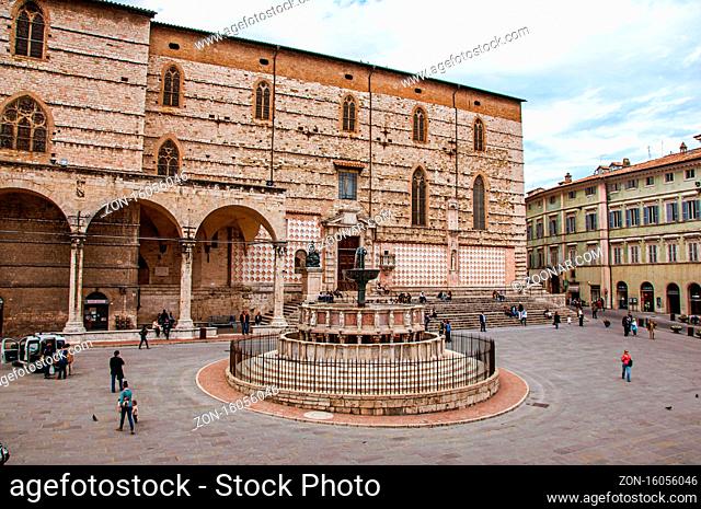 Perugia, Italy - May 15, 2013. Overview of square and old building in the city center of Perugia, a historic and tourist city famous for its cultural agenda